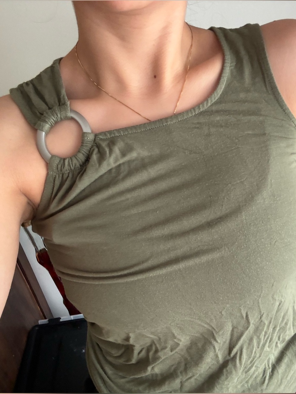 Olive Ruched-Hem Tank with Shoulder Ring Detail